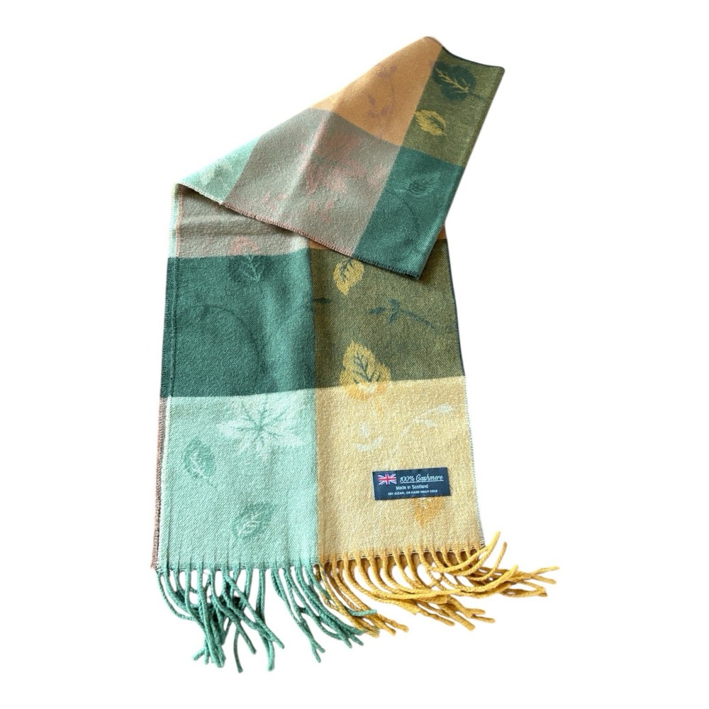 Scotland/Scottish Scarf 100% CASHMERE Green And Yellow Leaf Pattern‎